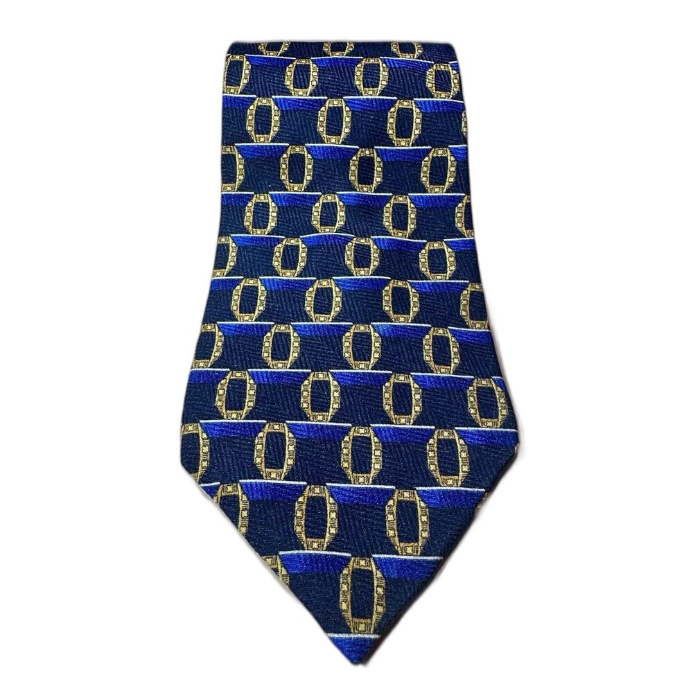 Vintage Countess Mara Silk Tie Navy Blue Gold Geometric USA 80s 90s